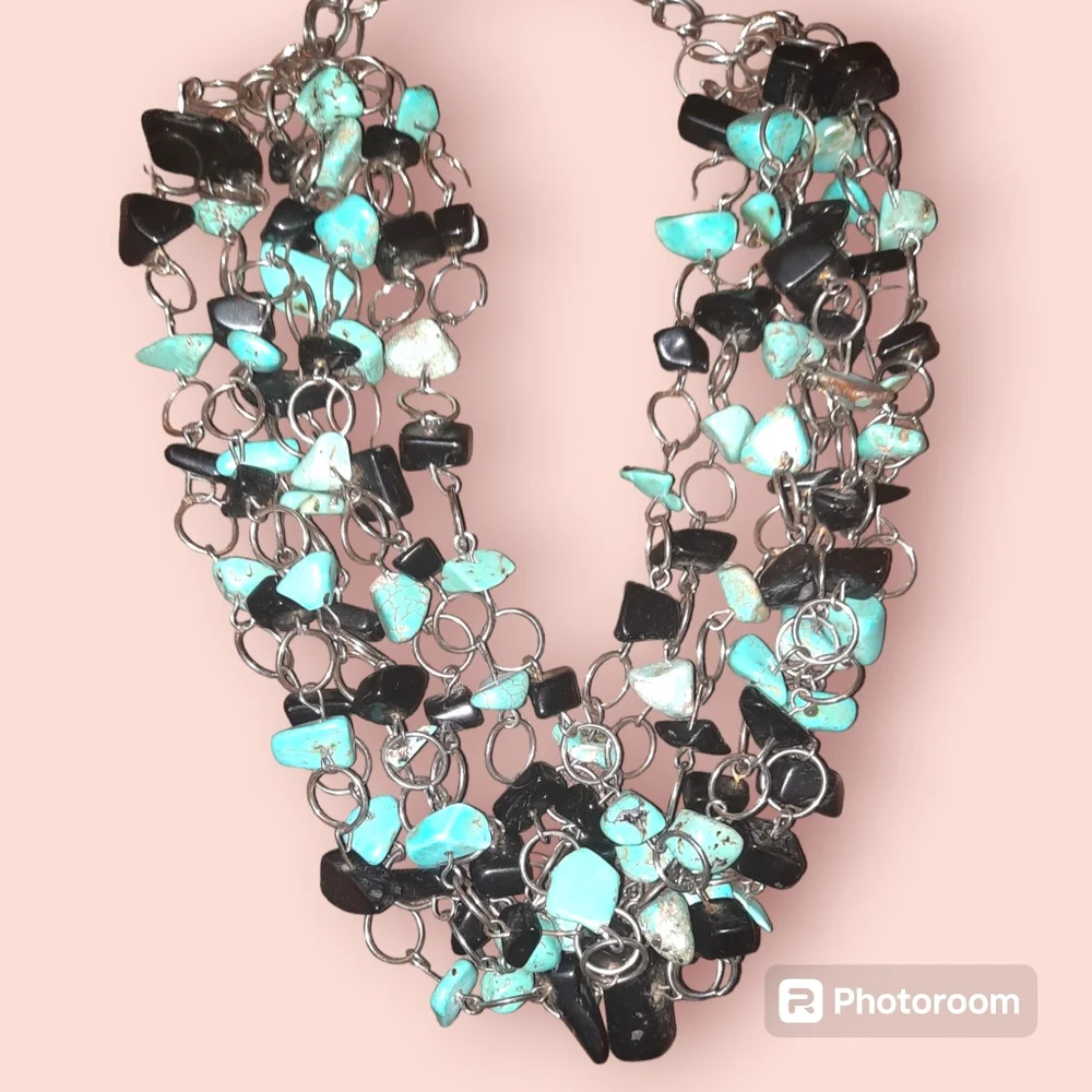 Turquoise and black genuine nugget multistrand necklace silvertone